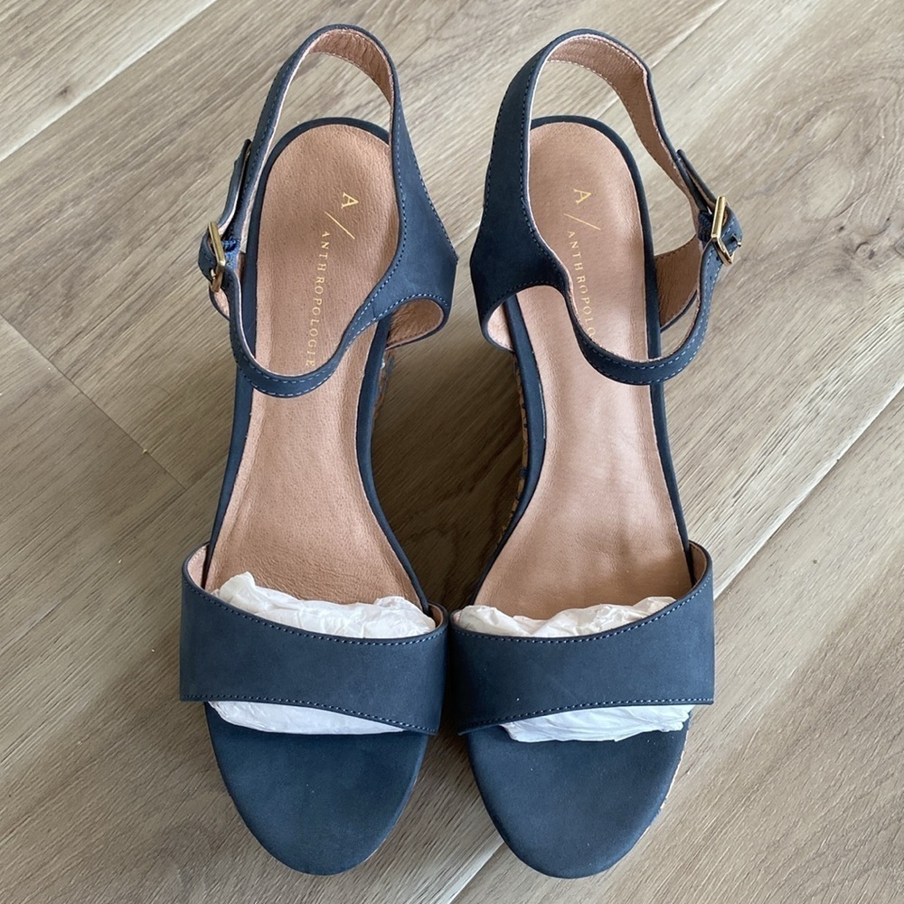 Anthropologie Arden Denim Blue Cork Platform Wedge Leather Sandals Size 9 - Picture 3 of 10